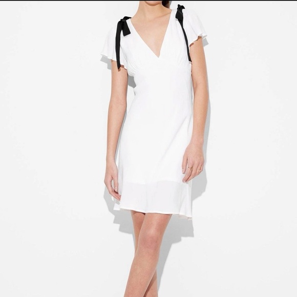 NWT Wild Fable White Flutter Short Sleeve Mini A-Line Dress, Bow Accents, V-Neck - Picture 3 of 11